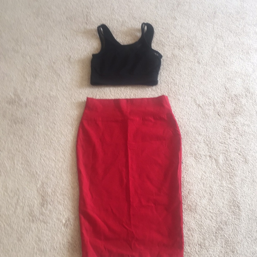 Black crop top with red pencil skirt